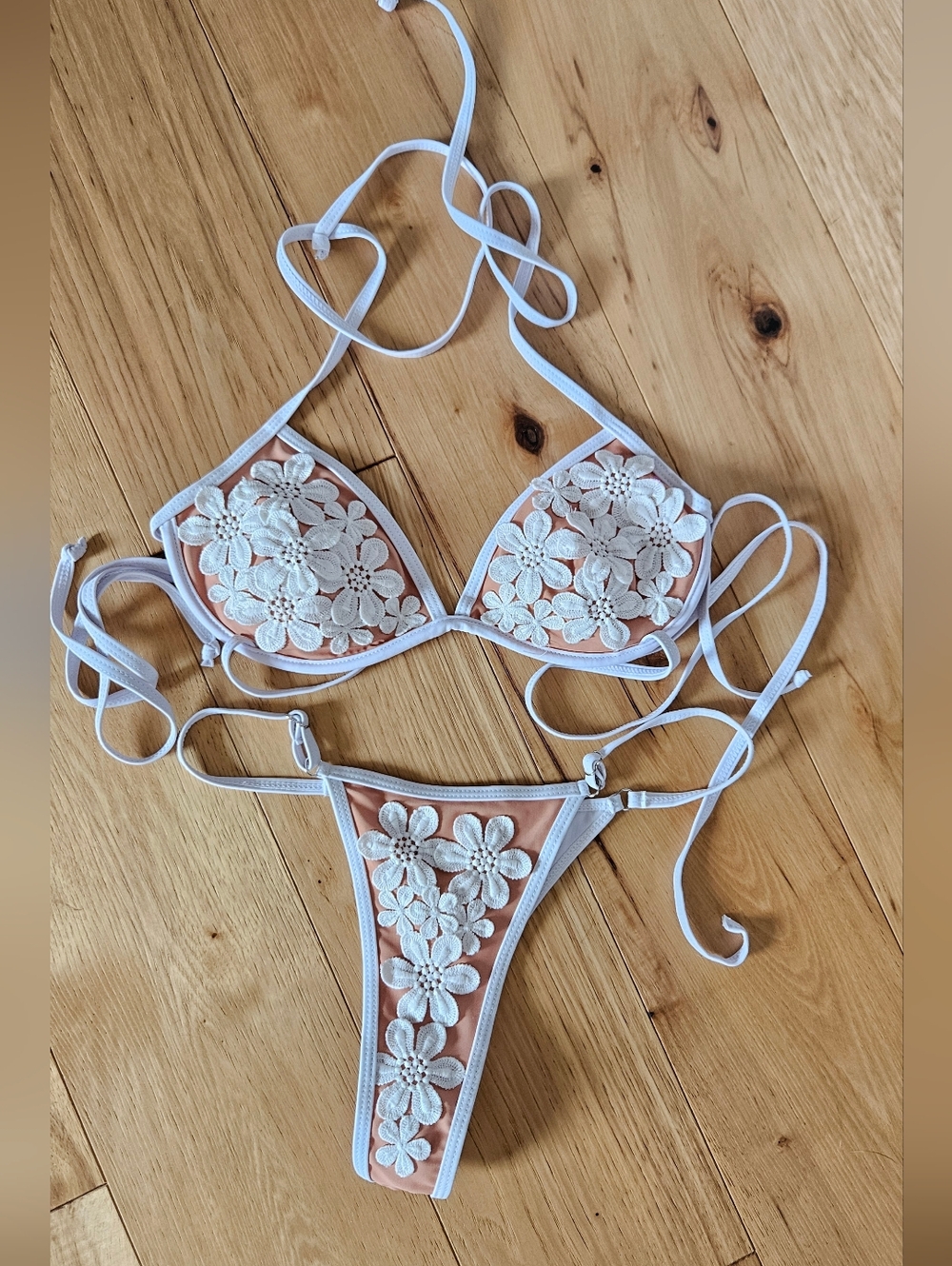 White Floral Appliqué Bikini Set with Nude Lining